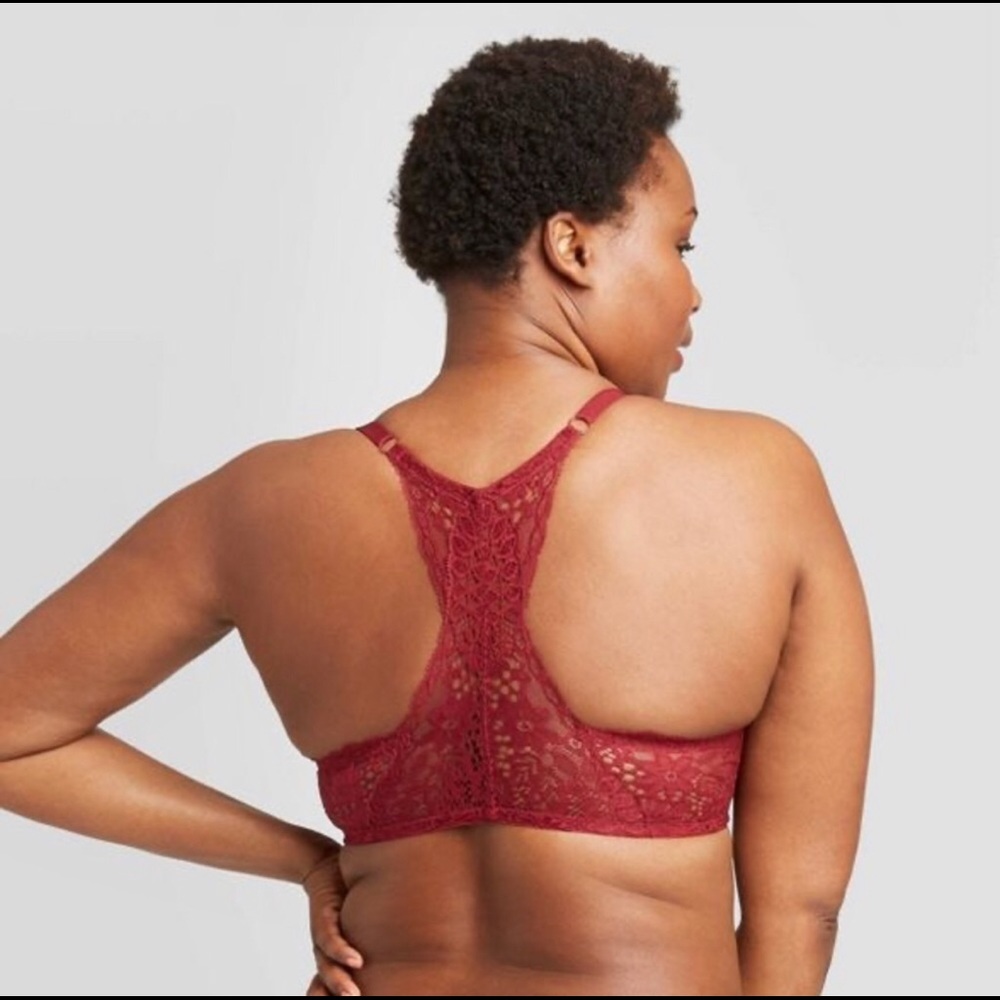 Auden Plunge Coverage Push‎ Up Racerback Bra Floral Lace Berry Red 34D - Picture 2 of 9